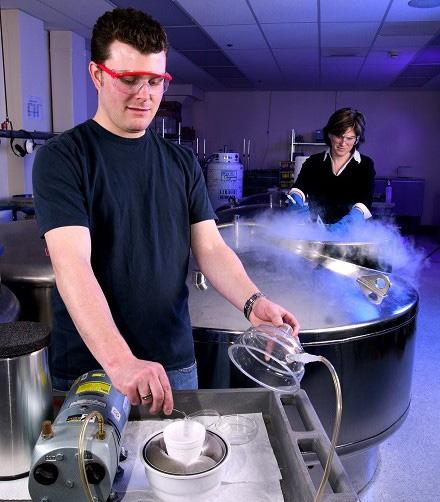 ARS horticulturist Remi Bonnart and Christina Walters freezing and storing seeds.