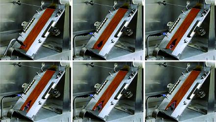 Six images showing an incline flammability test for brown cotton.